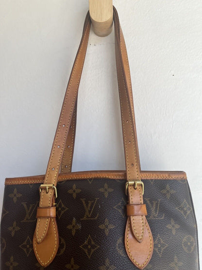 LOUIS VUITTON Petit Bucket Brown Canvas Leather Monogram Shoulder Bag Tote Purse