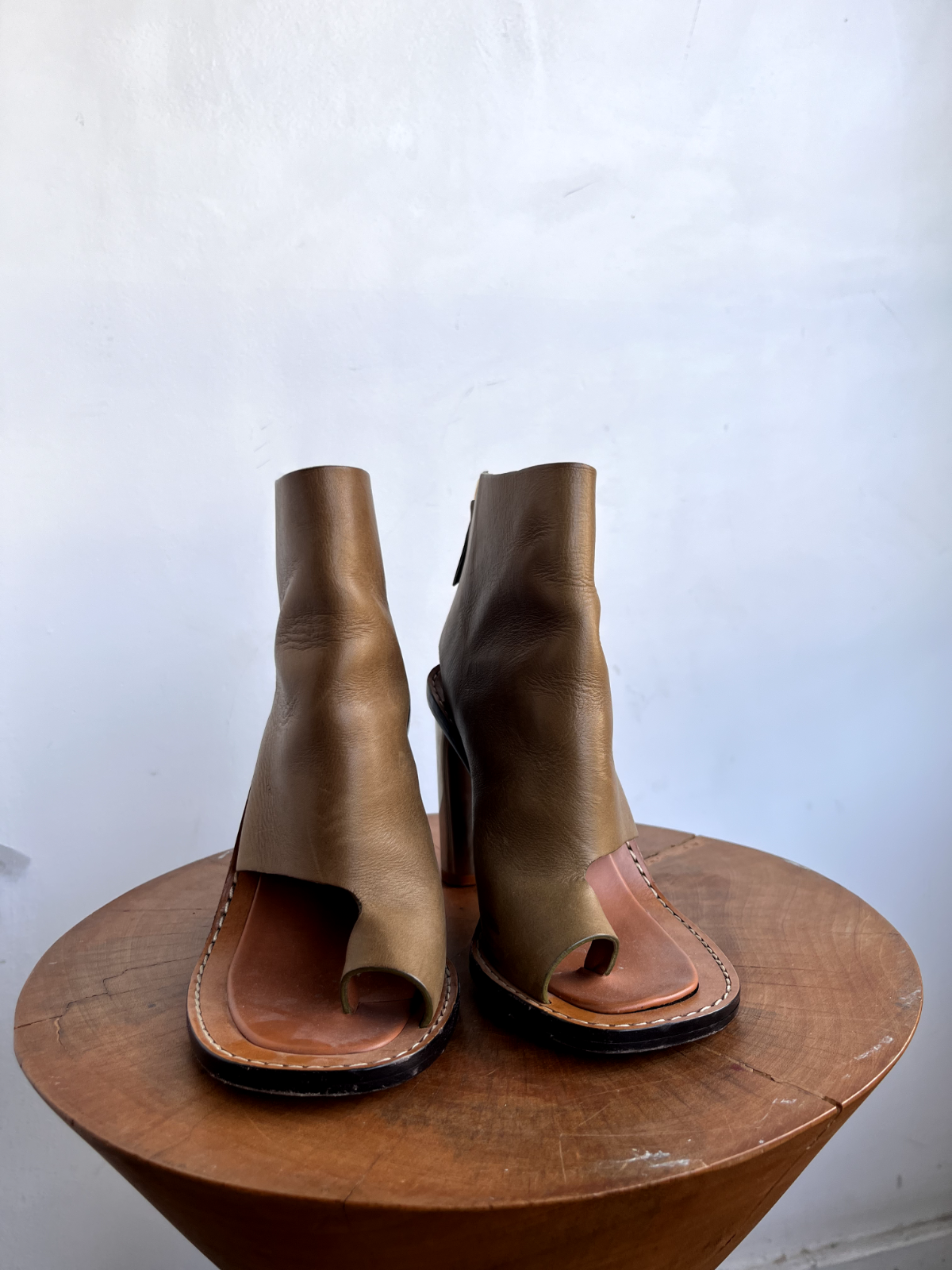 CELINE Phoebe Philo Old Rare Brown Taupe Leather Peep Toe Cut Out Ankle Boot 37