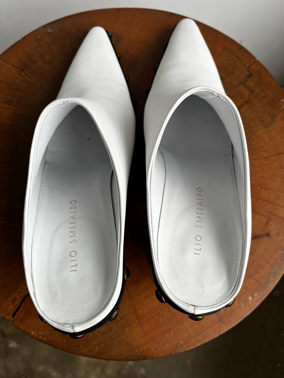 ILIO SMERALDO Grece Ghanem White Leather Studded Western Mule Slide Heels 37.5