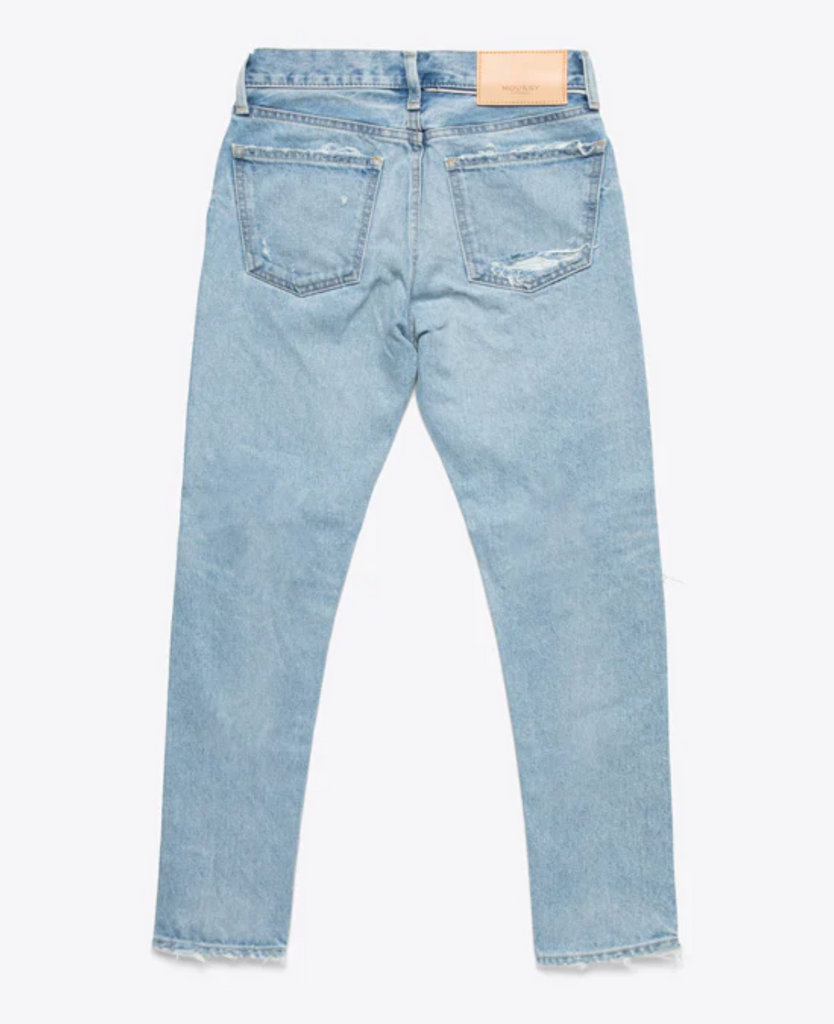 MOUSSY May Light Blue Wash Tapered Straight Distressed Ripped Knee Denim Jean 31