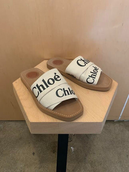 CHLOE Woody Off White Ivory Linen Ribbon Canvas Logo Criss Cross Sandal 37/7