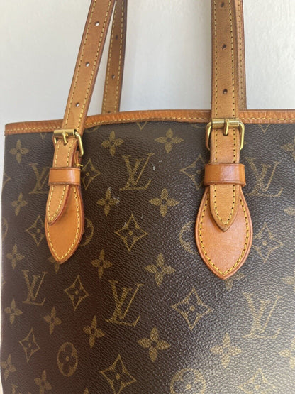 LOUIS VUITTON Petit Bucket Brown Canvas Leather Monogram Shoulder Bag Tote Purse