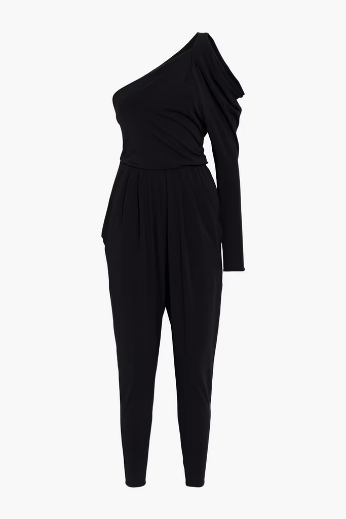 ISABEL MARANT Malesia Black One Shoulder Stretch Knit Draped Jumpsuit 34/0/2
