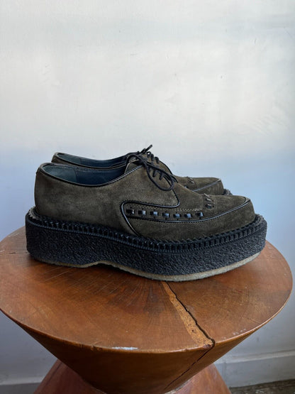 ADIEU PARIS Type 101 Dark Green Suede Black Creeper Crepe Platform Oxford 35