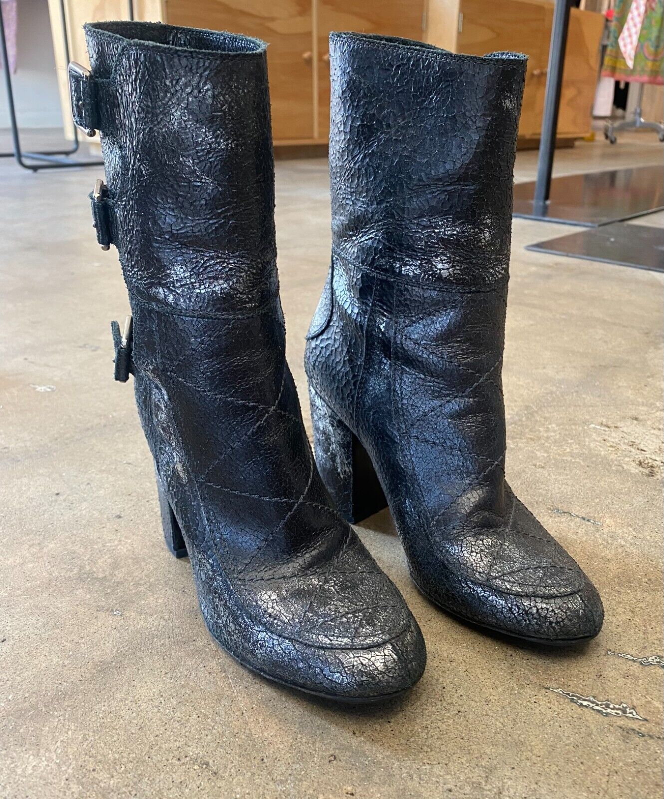LAURENCE DACADE Merli Silver Metallic Crackle Leather Buckle Ankle Heel Boots 37