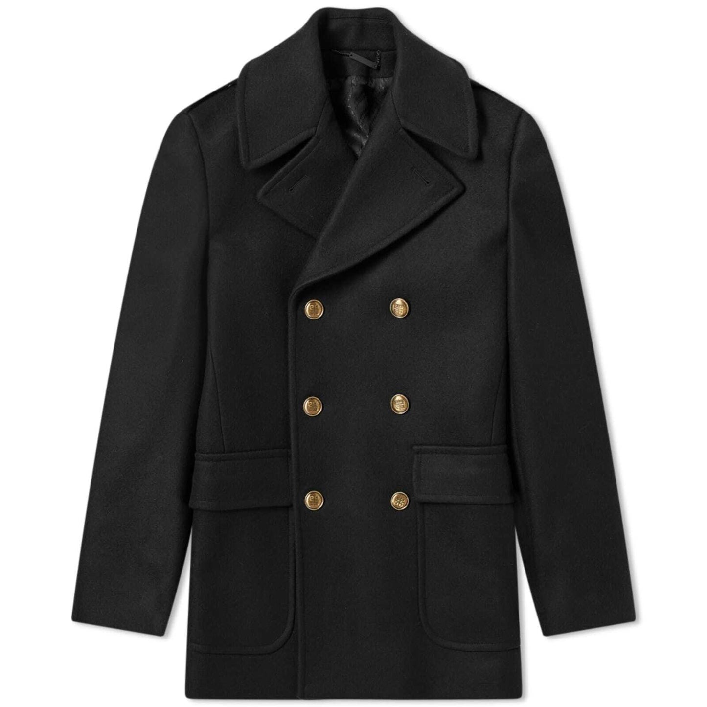 GIVENCHY Men's Black Wool Gold Button Double Breasted Jacket Pea Coat 48/M