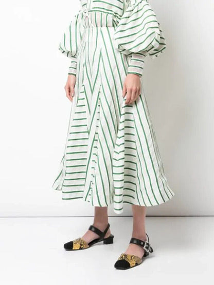 ROSIE ASSOULIN NWT Flouncy Striped White Green Stripe Print Organza Midi Skirt 6