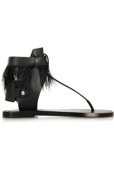 ISABEL MARANT 1100 Jaydn Black Feather Leather Ankle TStrap Flat Sandal 36/5.5/5