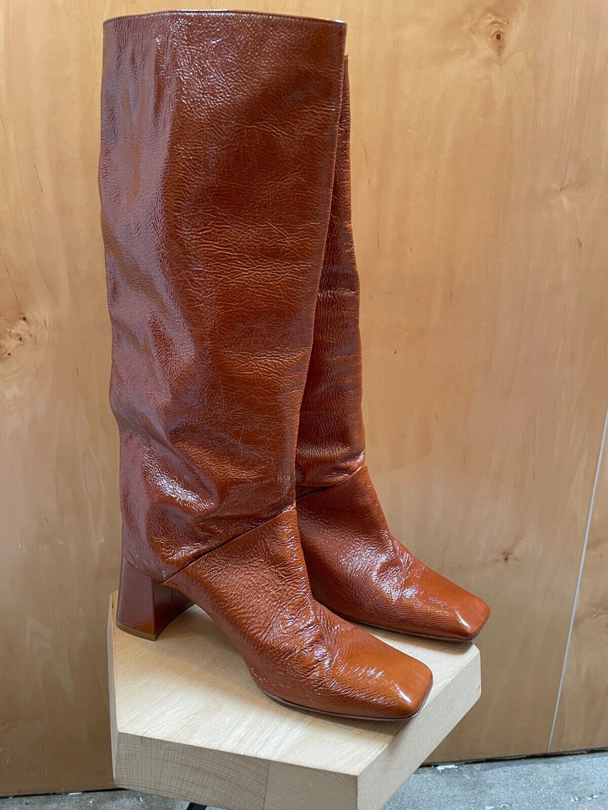 MIISTA Finola Tan Camel Brown Patent Leather Chunky Block Heel Knee High Boot 40