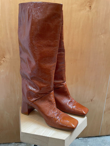MIISTA Finola Tan Camel Brown Patent Leather Chunky Block Heel Knee High Boot 40