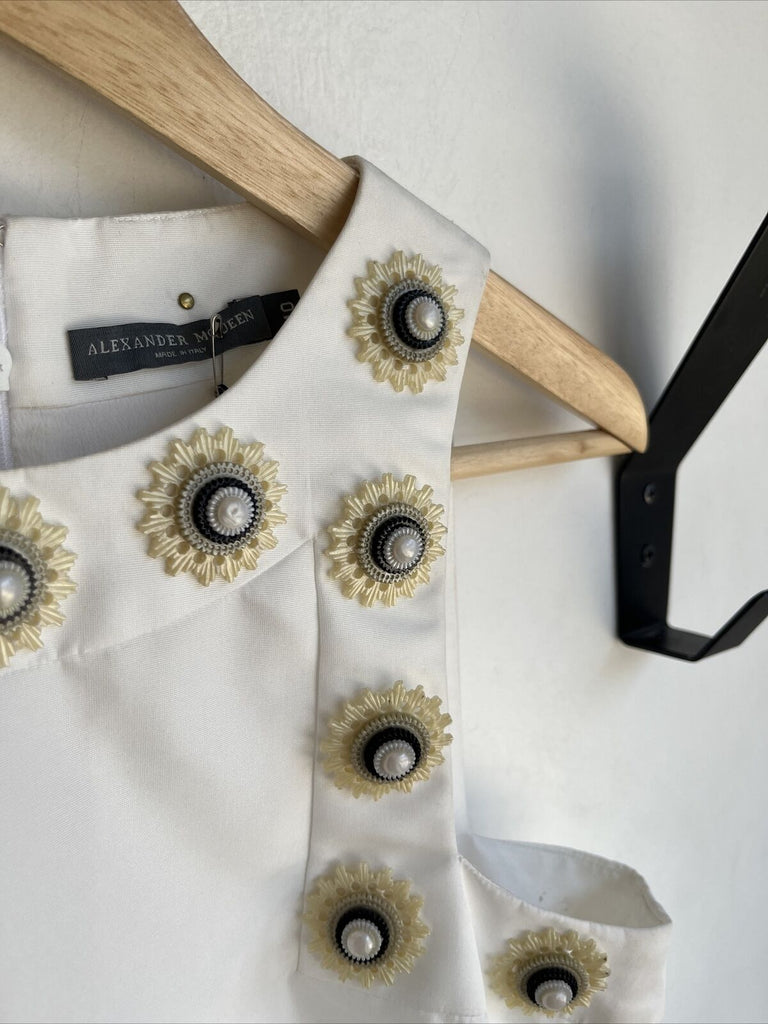 ALEXANDER MCQUEEN White Silk Plexi Flower-Embroidered Faille Mini Dress 40/2/4
