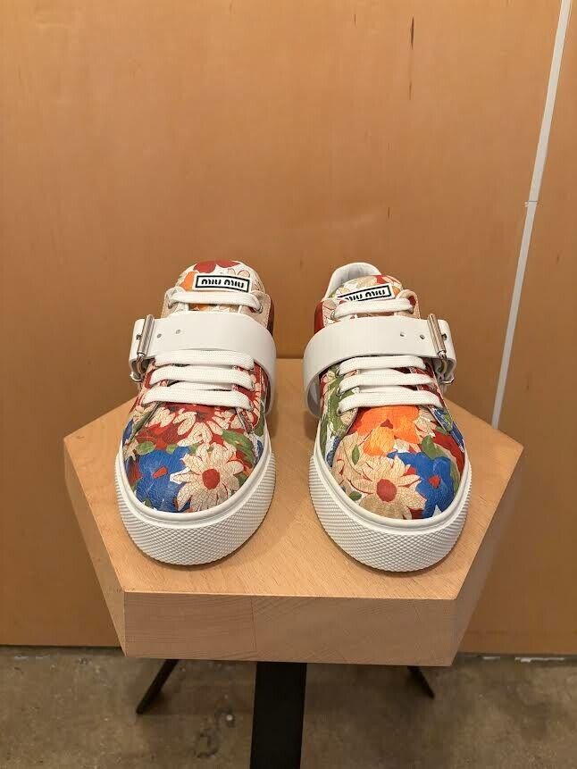 MIU MIU White Multicolor Floral Print Strap Buckle Leather Trainer Sneaker 37/7