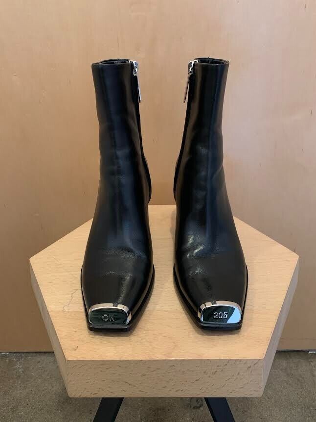 CALVIN KLEIN $1,100 Wilamiona Black Leather Gold Metal Logo Trim Ankle Boot 35