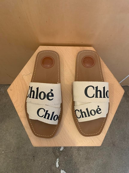 CHLOE Woody Off White Ivory Linen Ribbon Canvas Logo Criss Cross Sandal 37/7