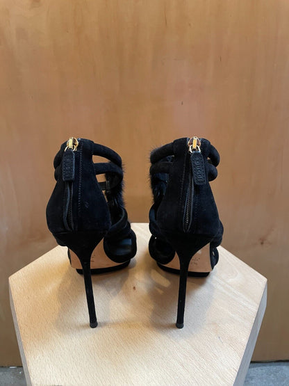 GUCCI Black Suede Mink Fur TStrap Ankle Strappy Platform Stiletto Cage Heel 37.5