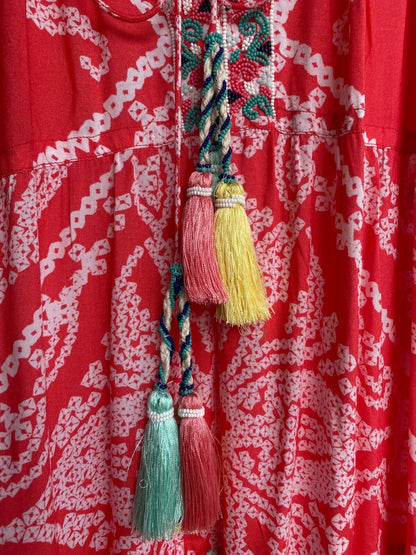 HEMANT & NANDITA NWT Native Coral Red Pink Print Beaded Tassel Maxi Dress S