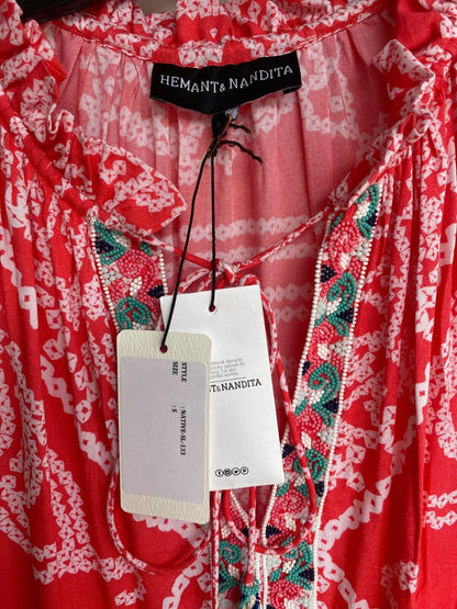 HEMANT & NANDITA NWT Native Coral Red Pink Print Beaded Tassel Maxi Dress S