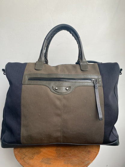 BALECIAGA Black Green Leather Handle Canvas Nylon Large Briefcase Duffel Gym Bag