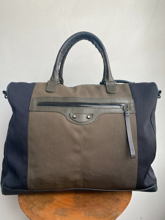 BALECIAGA Black Green Leather Handle Canvas Nylon Large Briefcase Duffel Gym Bag