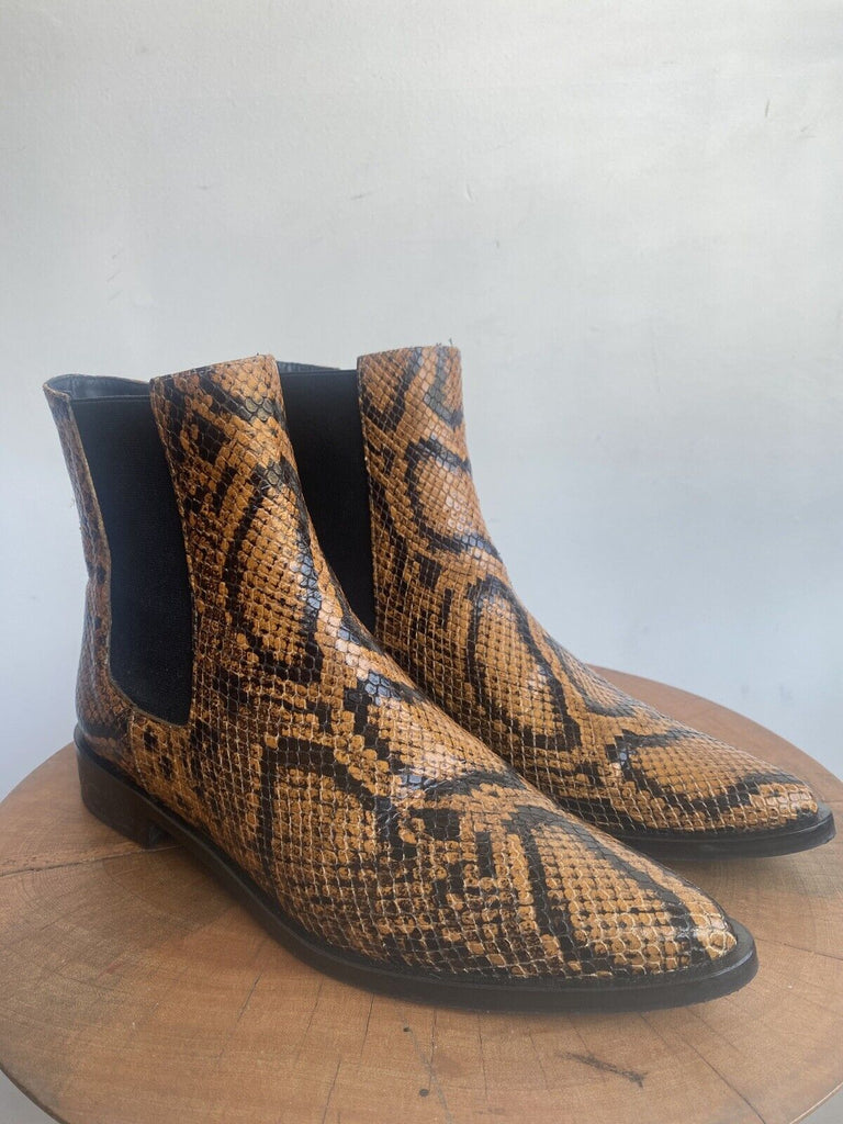 FREDA SALVADOR Joan Brown Brass Snakeskin Embossed Animal Ankle Boot 37.5/7.5