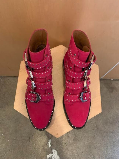 GIVENCHY Fuchsia Pink Bottine Elegant Studded Leather Ankle Moto Biker Boots 35