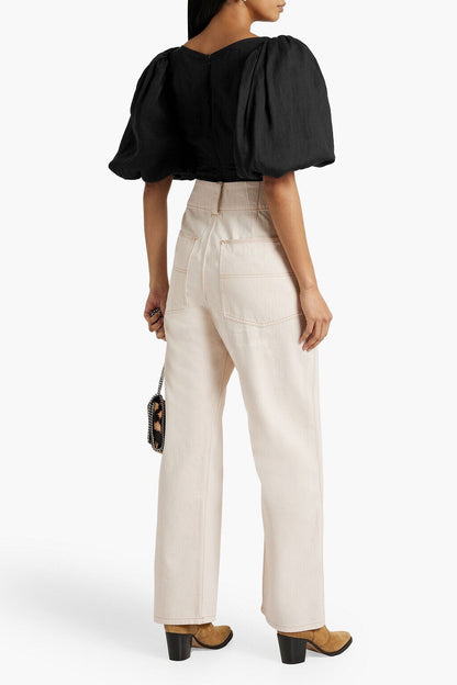 ISABEL MARANT Jaylee Black Gathered Ramie Linen Puff Sleeve Top Blouse 34/2/0