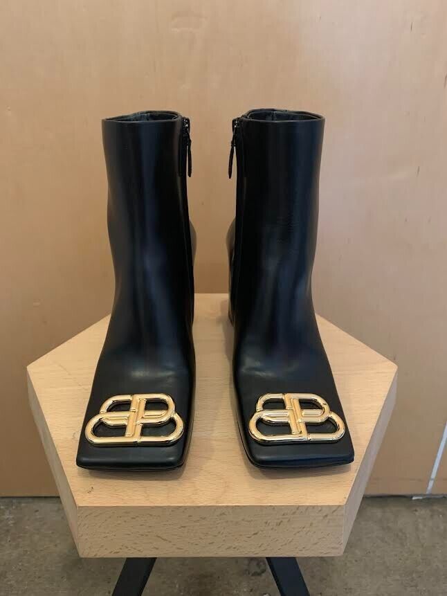 BALENCIAGA Double Square Toe Gold Logo Metal Black Leather Heel Ankle Boot 35.5