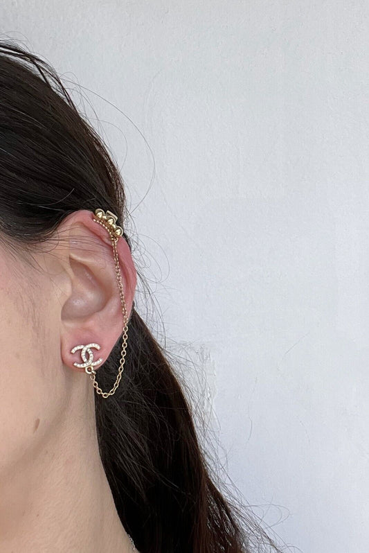 CHANEL Rare Gold CC Rhinestone Drop Chain Single Earring Ear Cuff