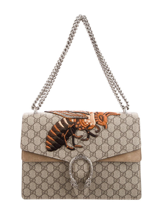 GUCCI GG Supreme Dionysus Hornet Beige Brom Monogram Logo Shoulder Bag Purse