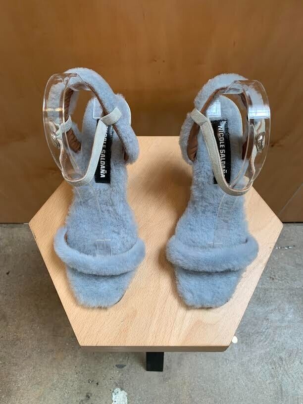 NICOLE SALDAÑA Dylan Shearling Faux Fur  Baby Blue Garmentory Sandal Heel 38/8