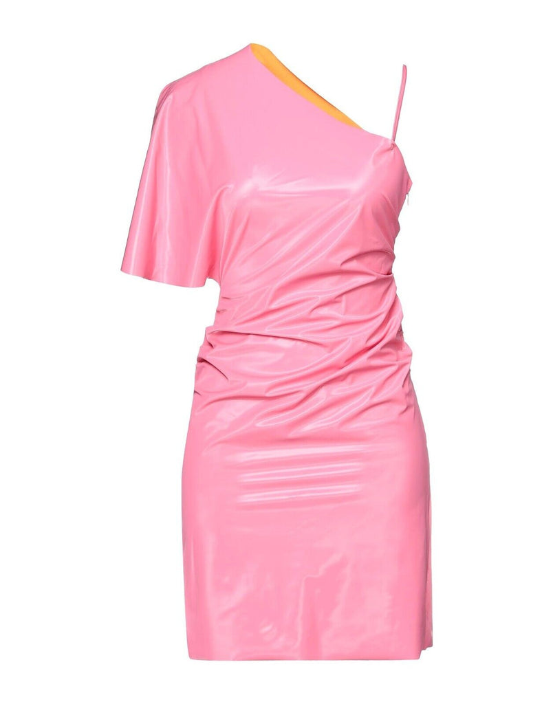 MAISIE WILEN $822 Hot Pink Latex Asymmetric One Shoulder Bodycon Mini Dress S/M