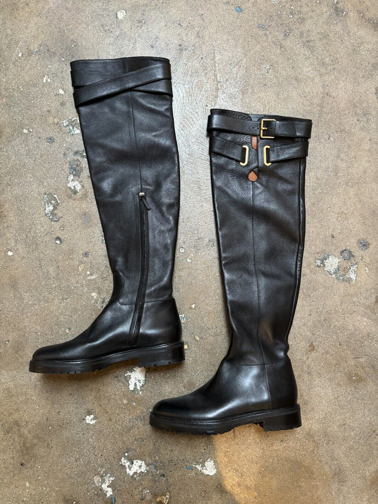 VALENTINO Runway $2000 Black Over The Knee Leather Buckle Flat Riding Boots 39.5