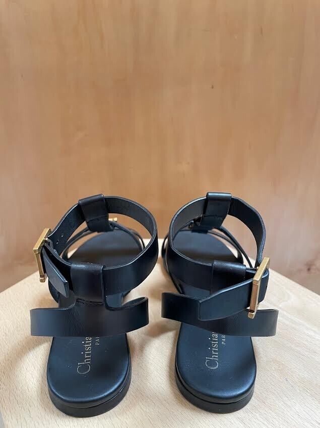 CHRISTIAN DIOR Double-D Black Leather Buckle Strappy Gladiator Flat Sandal 38/8