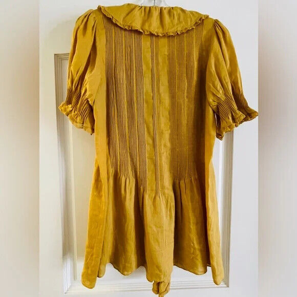 DOEN Piper Semolina Mustard Yellow Poet Pleated Ruffle SS Ramie Mini Dress M