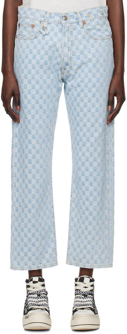 R13 Checkerboard Boyfriend Check Print Light Blue Wash Straight Relaxed Jean 25