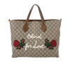 GUCCI Blind For Love GG Supreme Brown Leather Flower Embroidered Tote Bag Purse