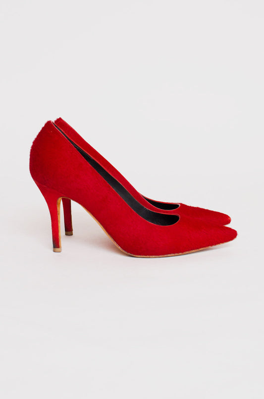 RED PONYHAIR PUMPS