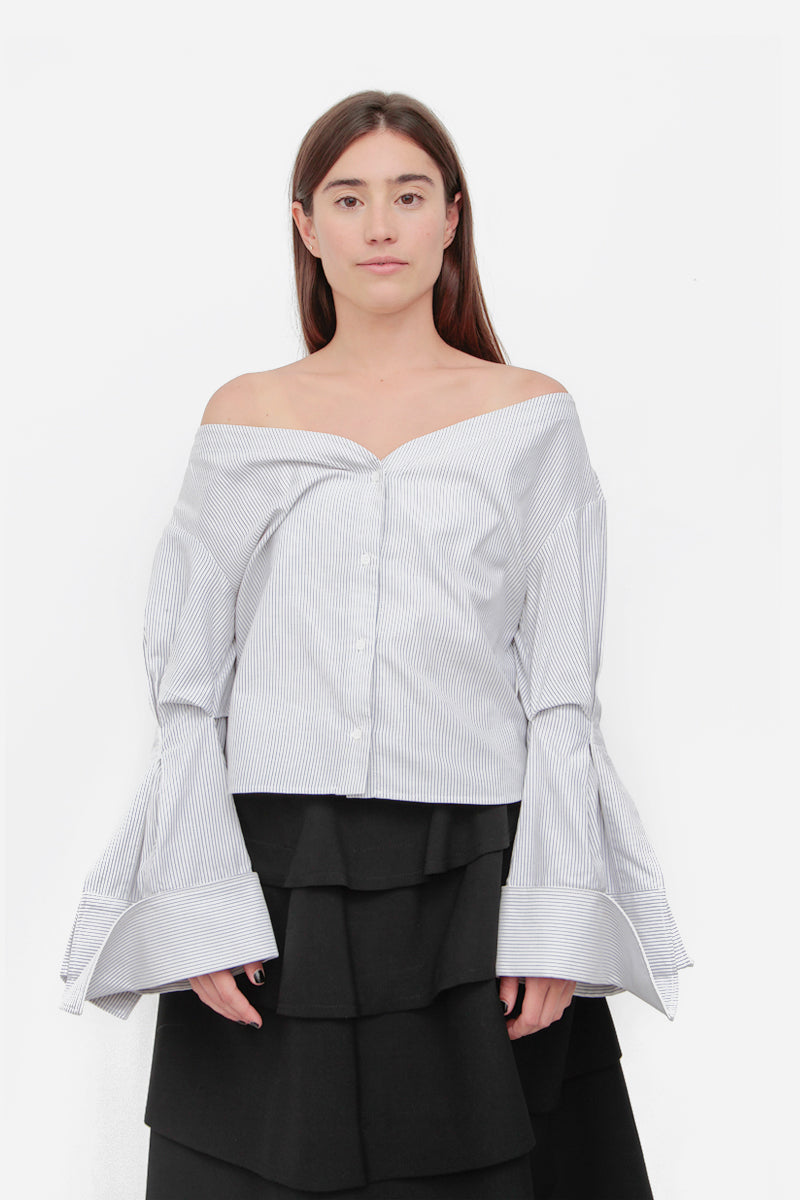 PINSTRIPE OFF THE SHOULDER TOP