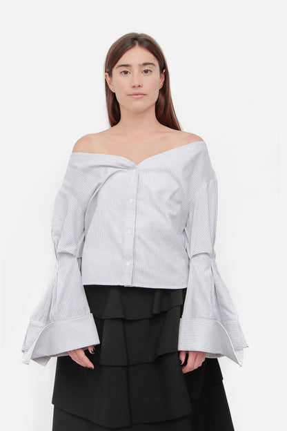 PINSTRIPE OFF THE SHOULDER TOP