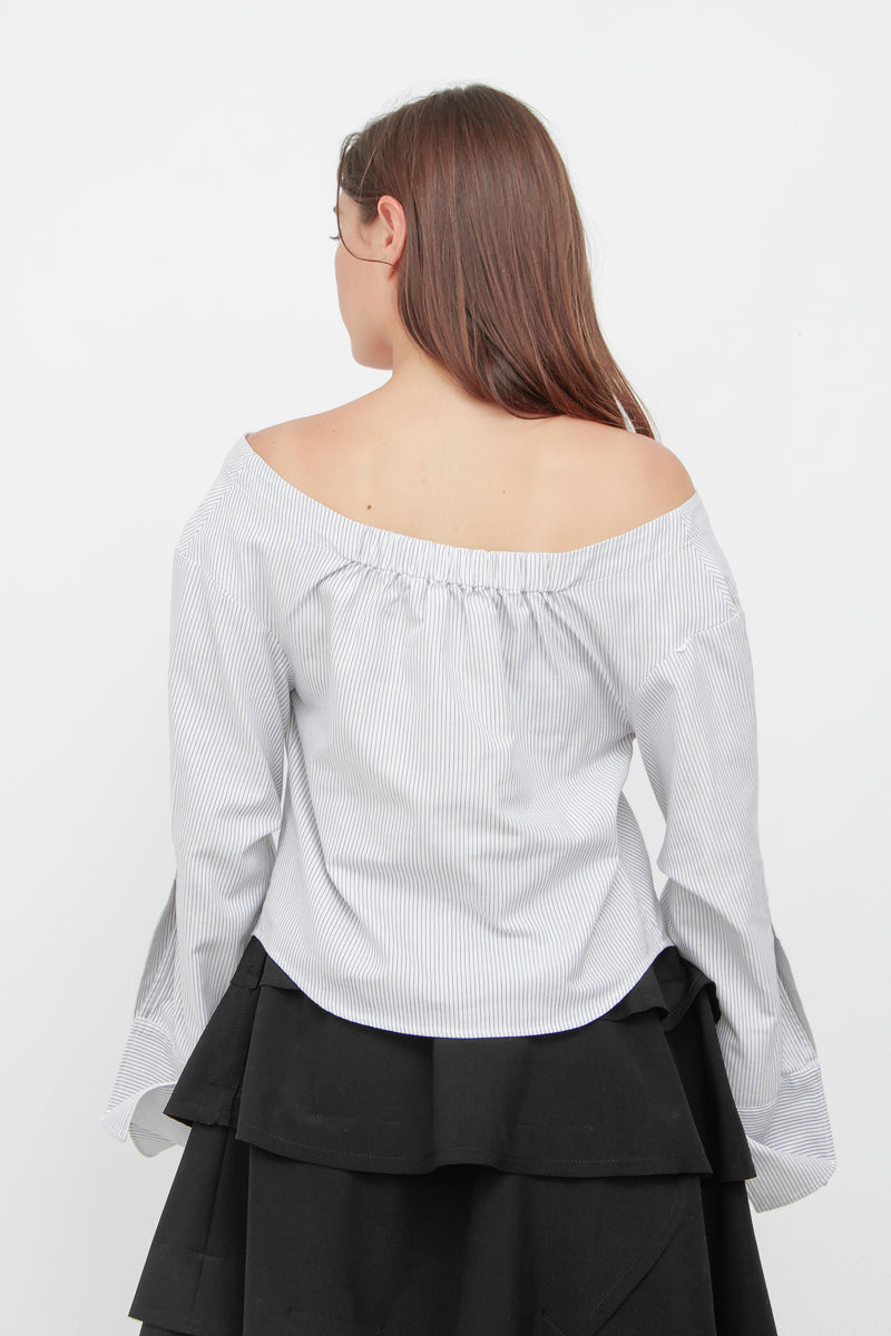 PINSTRIPE OFF THE SHOULDER TOP