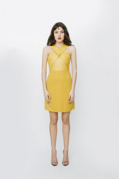 MUSTARD YELLOW LEATHER SILK DRESS