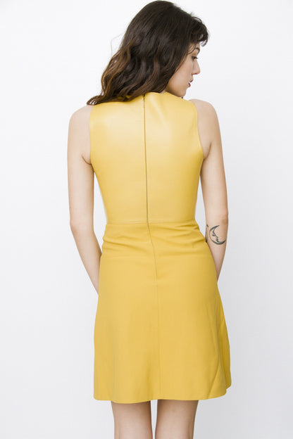 MUSTARD YELLOW LEATHER SILK DRESS