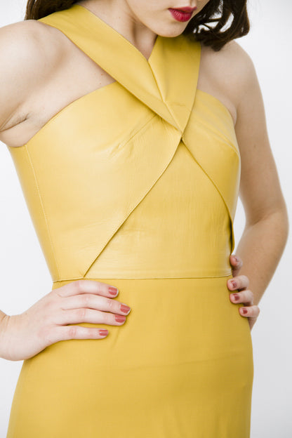 MUSTARD YELLOW LEATHER SILK DRESS