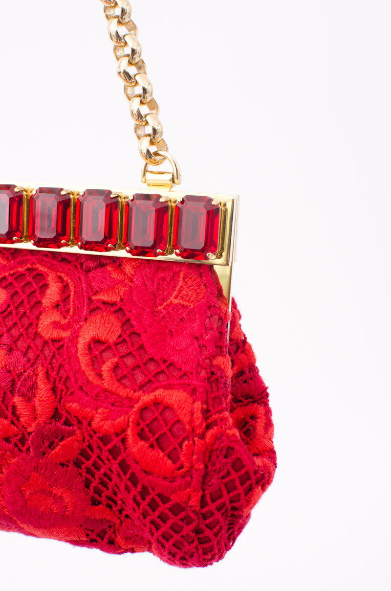 RICAMO POCHETTE RED LACE CLUTCH