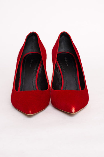 RED PONYHAIR PUMPS