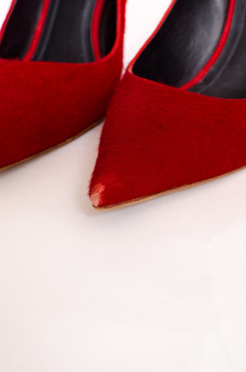 RED PONYHAIR PUMPS
